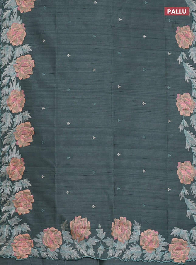 Semi raw silk saree greyish green with embroidery work buttas and floral embroidery border