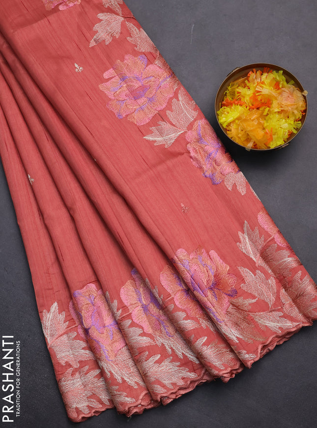 Semi raw silk saree dark peach with embroidery work buttas and floral embroidery border