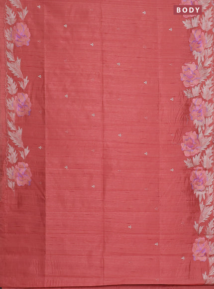 Semi raw silk saree dark peach with embroidery work buttas and floral embroidery border