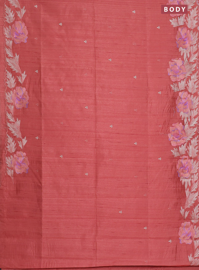 Semi raw silk saree dark peach with embroidery work buttas and floral embroidery border