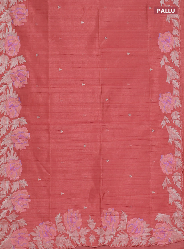 Semi raw silk saree dark peach with embroidery work buttas and floral embroidery border