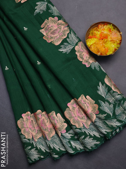 Semi raw silk saree dark green with embroidery work buttas and floral embroidery border