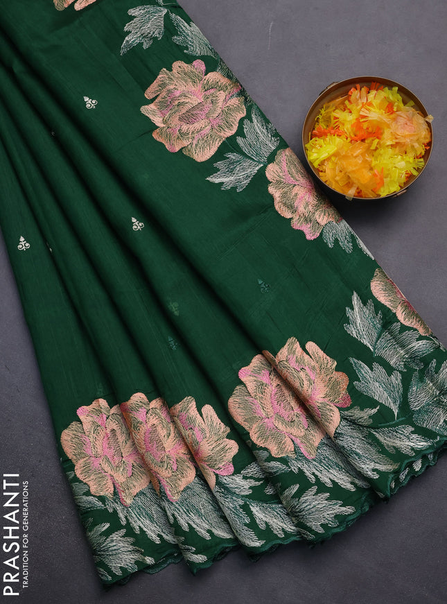 Semi raw silk saree dark green with embroidery work buttas and floral embroidery border