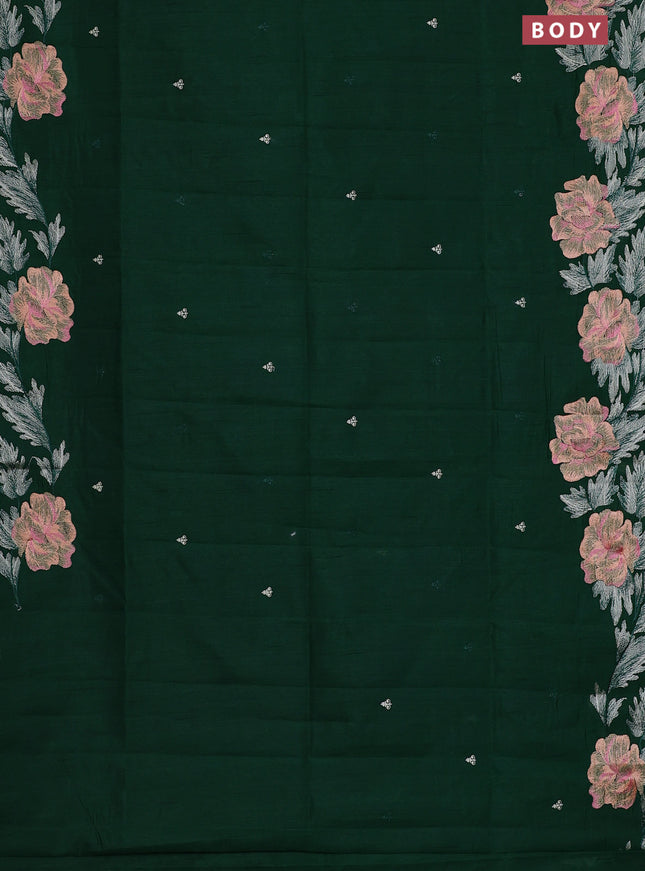Semi raw silk saree dark green with embroidery work buttas and floral embroidery border