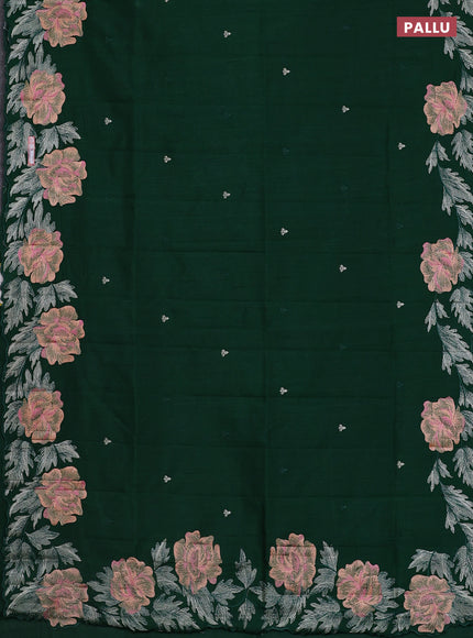 Semi raw silk saree dark green with embroidery work buttas and floral embroidery border