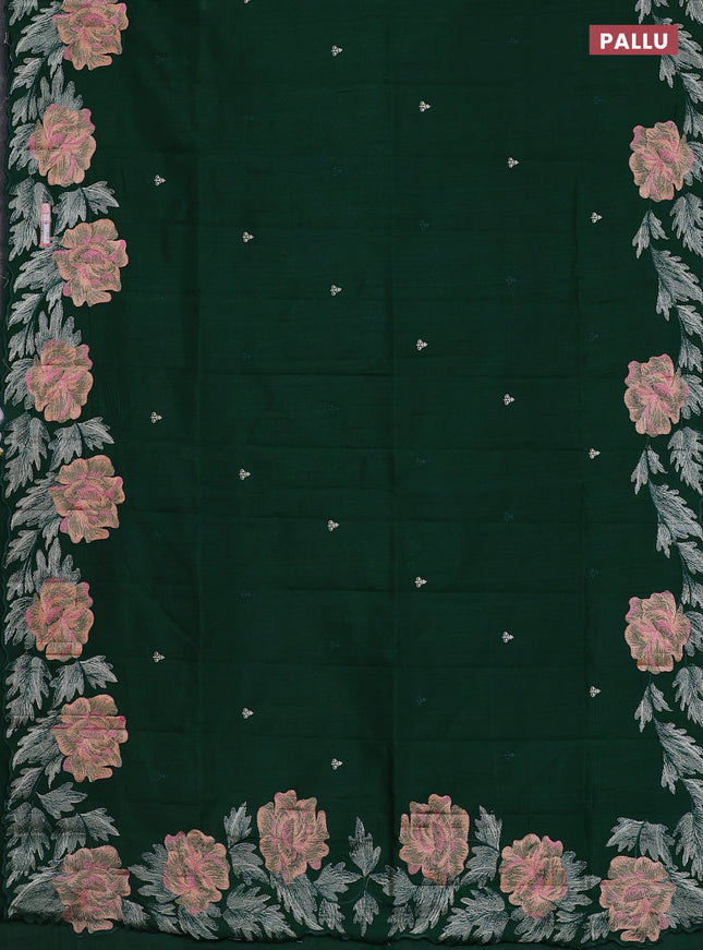 Semi raw silk saree dark green with embroidery work buttas and floral embroidery border