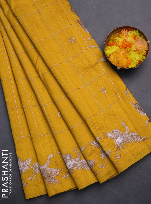 Semi raw silk saree mustard yellow with allover checked embroidery work and embroidery border