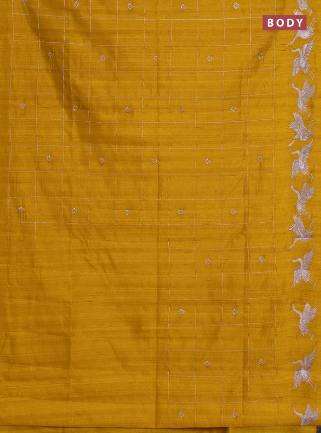 Semi raw silk saree mustard yellow with allover checked embroidery work and embroidery border