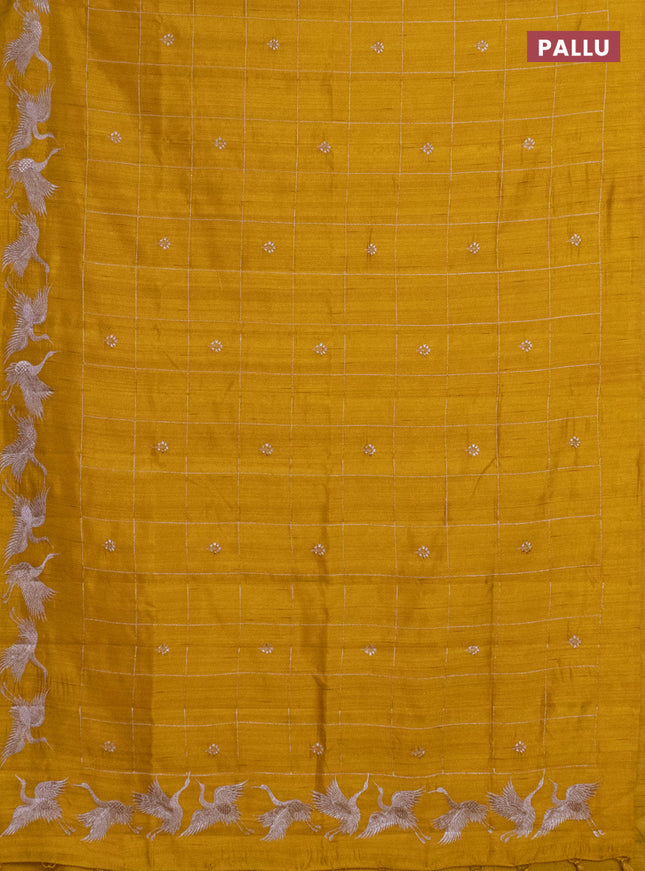 Semi raw silk saree mustard yellow with allover checked embroidery work and embroidery border