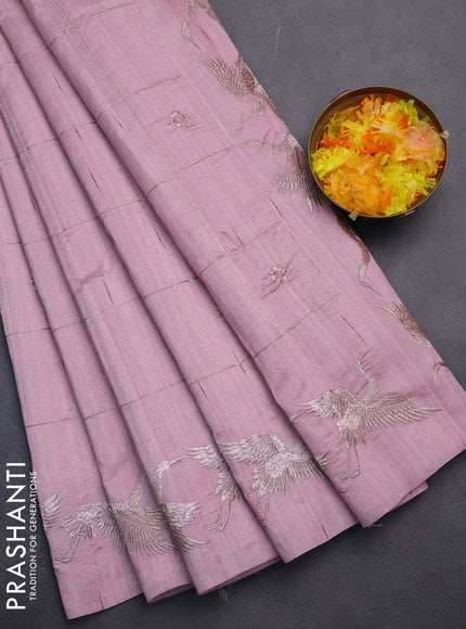 Semi raw silk saree pastel pink with allover checked embroidery work and embroidery border