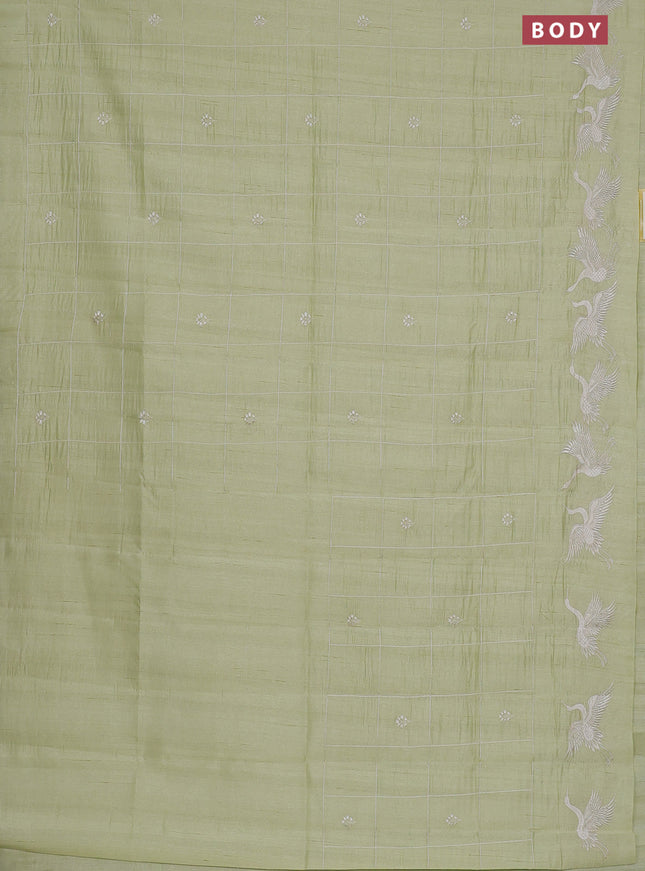 Semi raw silk saree pista green with allover checked embroidery work and embroidery border