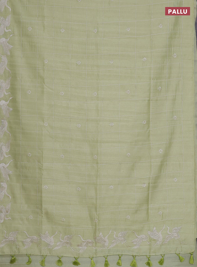 Semi raw silk saree pista green with allover checked embroidery work and embroidery border