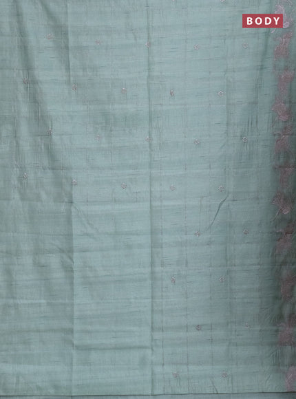 Semi raw silk saree pastel green with allover checked embroidery work and embroidery border