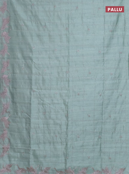 Semi raw silk saree pastel green with allover checked embroidery work and embroidery border