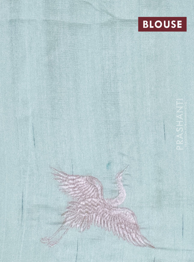 Semi raw silk saree pastel green with allover checked embroidery work and embroidery border