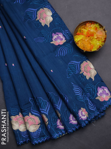 Semi raw silk saree peacock blue with embroidery work buttas and floral embroidery border
