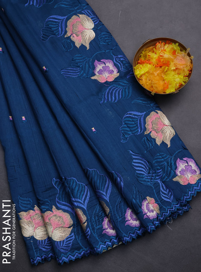 Semi raw silk saree peacock blue with embroidery work buttas and floral embroidery border