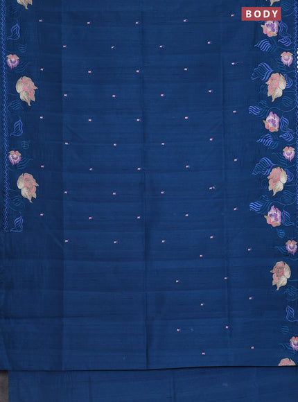 Semi raw silk saree peacock blue with embroidery work buttas and floral embroidery border