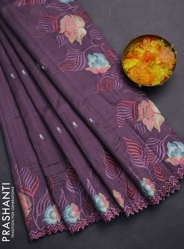 Semi raw silk saree purple shade with embroidery work buttas and floral embroidery border