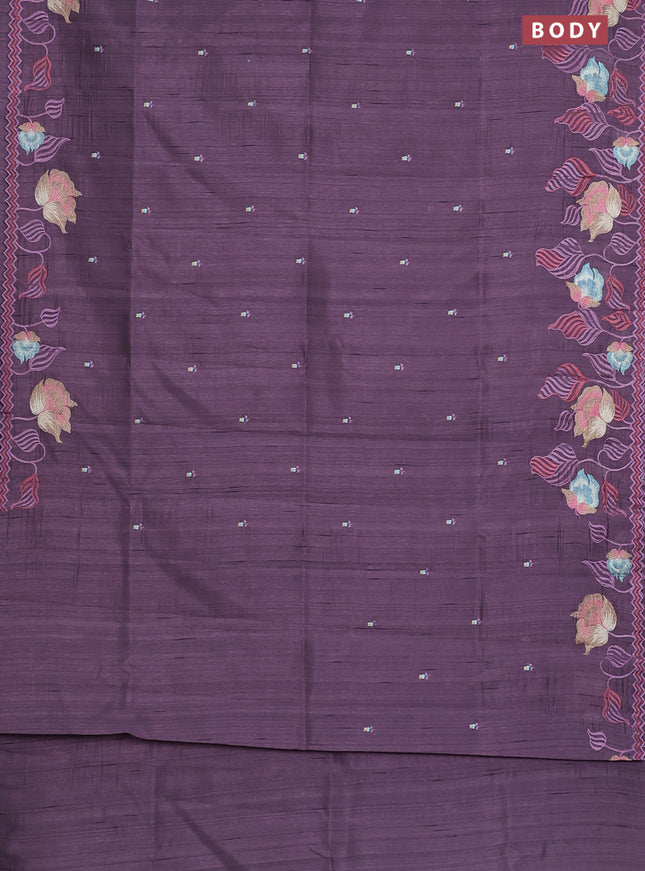 Semi raw silk saree purple shade with embroidery work buttas and floral embroidery border