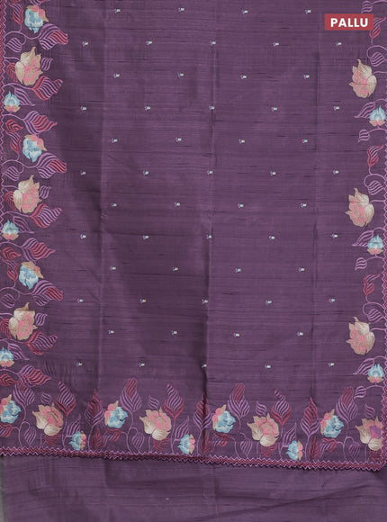 Semi raw silk saree purple shade with embroidery work buttas and floral embroidery border