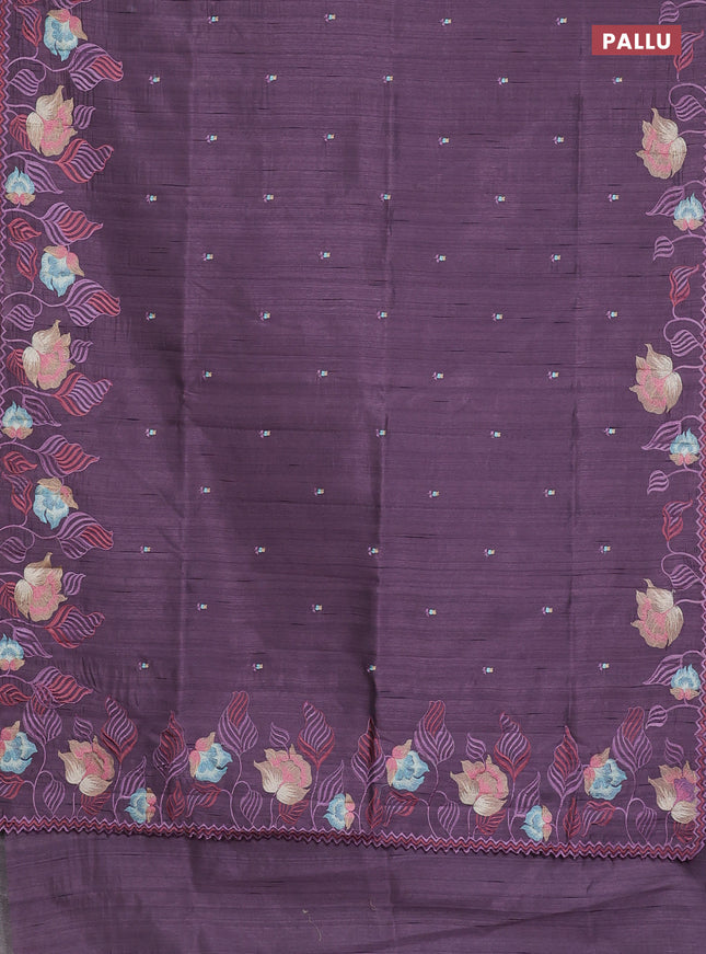 Semi raw silk saree purple shade with embroidery work buttas and floral embroidery border