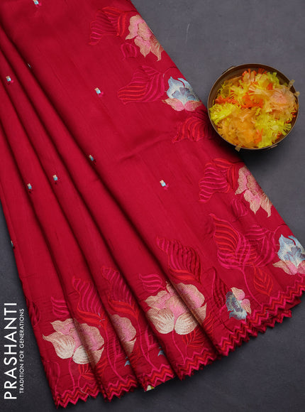 Semi raw silk saree dark pink with embroidery work buttas and floral embroidery border