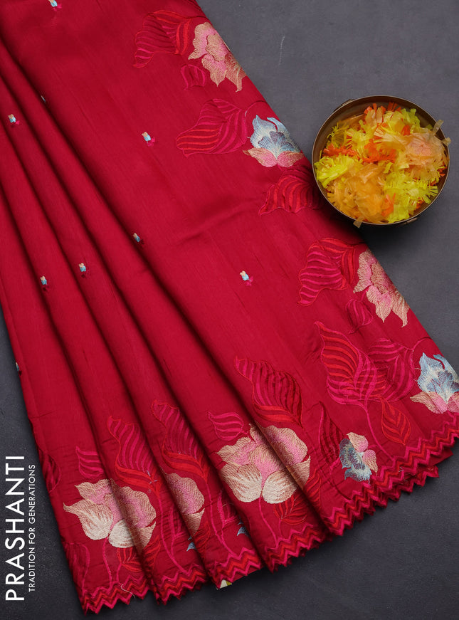 Semi raw silk saree dark pink with embroidery work buttas and floral embroidery border