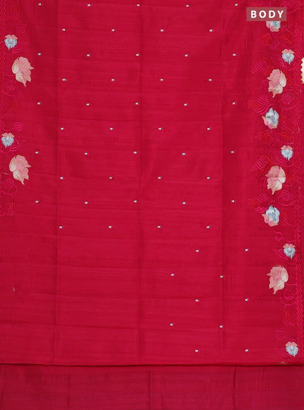 Semi raw silk saree dark pink with embroidery work buttas and floral embroidery border