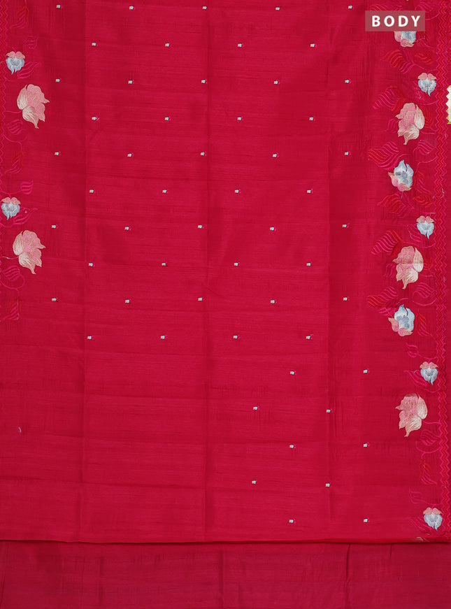 Semi raw silk saree dark pink with embroidery work buttas and floral embroidery border