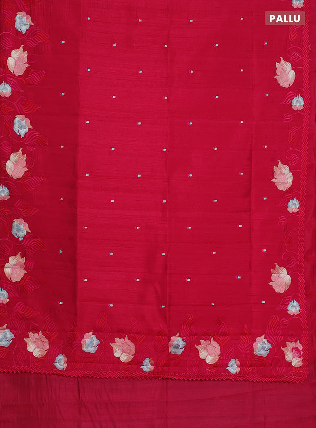 Semi raw silk saree dark pink with embroidery work buttas and floral embroidery border
