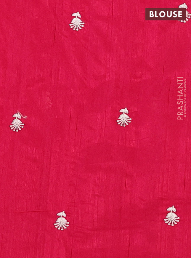 Semi raw silk saree dark pink with embroidery work buttas and floral embroidery border