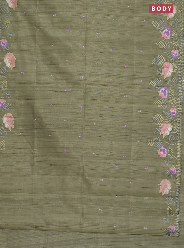 Semi raw silk saree sap green with embroidery work buttas and floral embroidery border