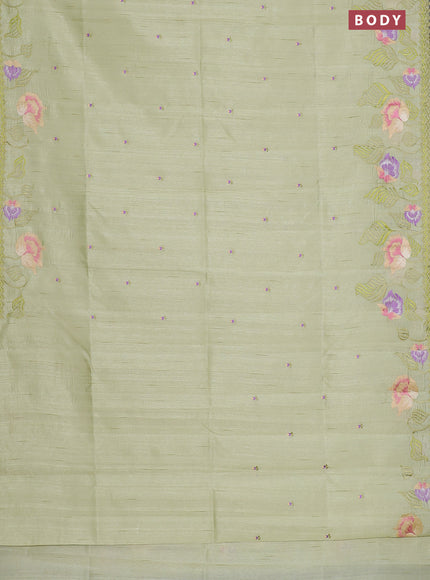 Semi raw silk saree pista green with embroidery work buttas and floral embroidery border