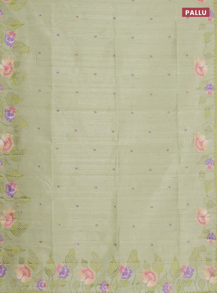 Semi raw silk saree pista green with embroidery work buttas and floral embroidery border