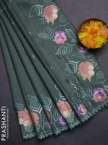 Semi raw silk saree green shade with embroidery work buttas and floral embroidery border