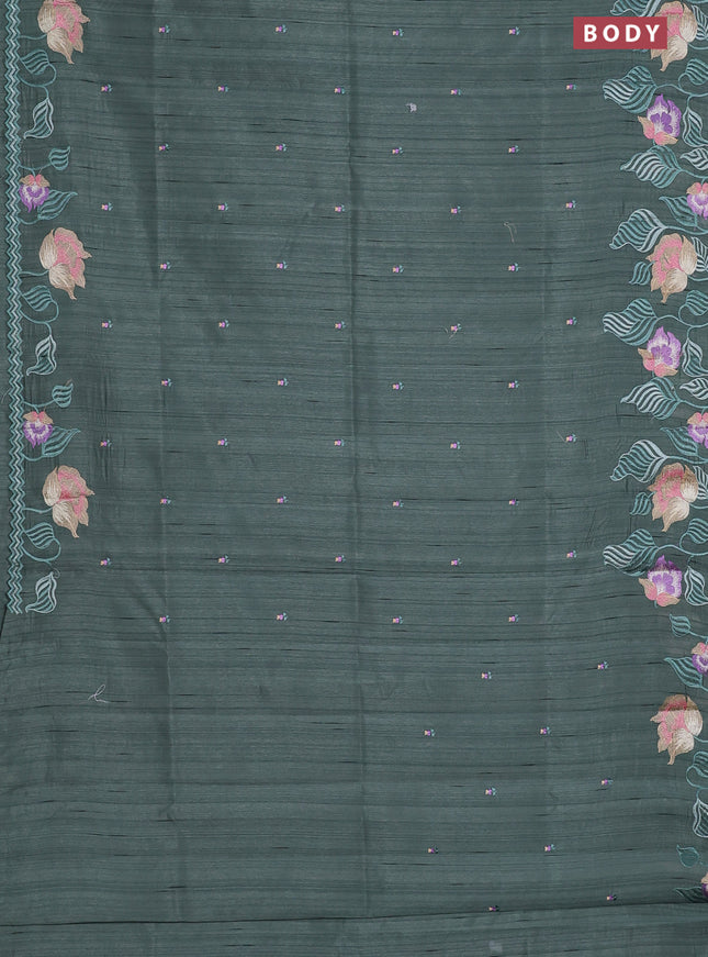 Semi raw silk saree green shade with embroidery work buttas and floral embroidery border