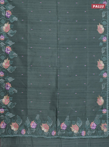 Semi raw silk saree green shade with embroidery work buttas and floral embroidery border