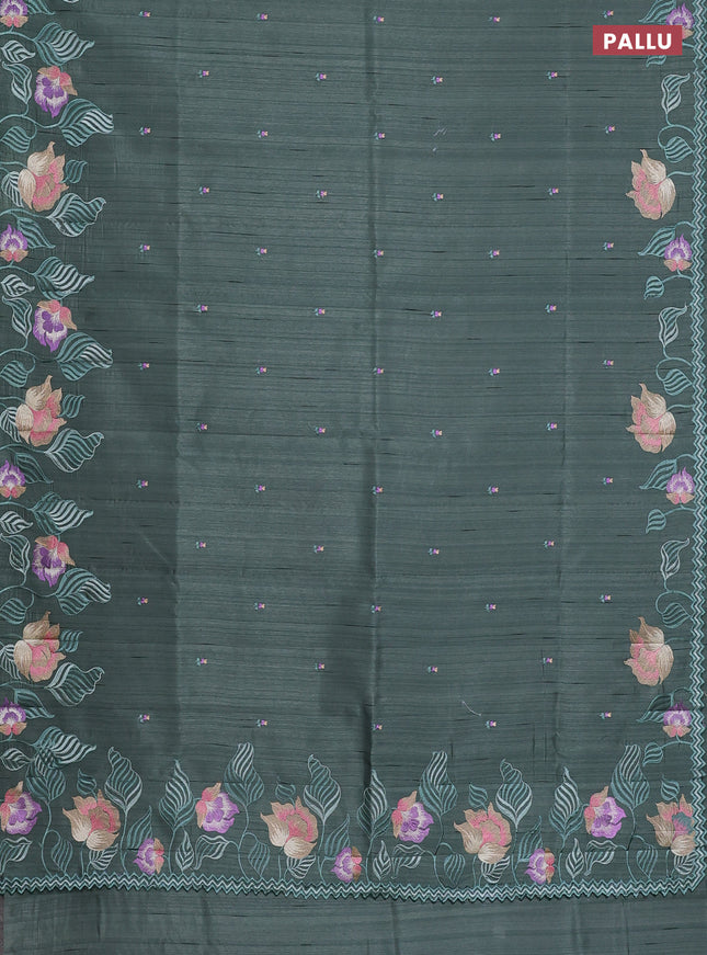 Semi raw silk saree green shade with embroidery work buttas and floral embroidery border