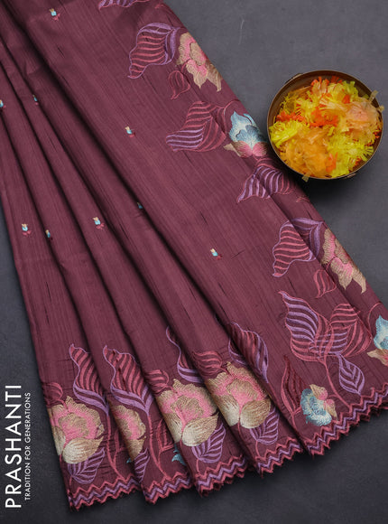 Semi raw silk saree rosy brown with embroidery work buttas and floral embroidery border