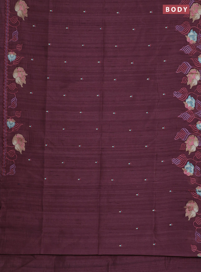 Semi raw silk saree rosy brown with embroidery work buttas and floral embroidery border