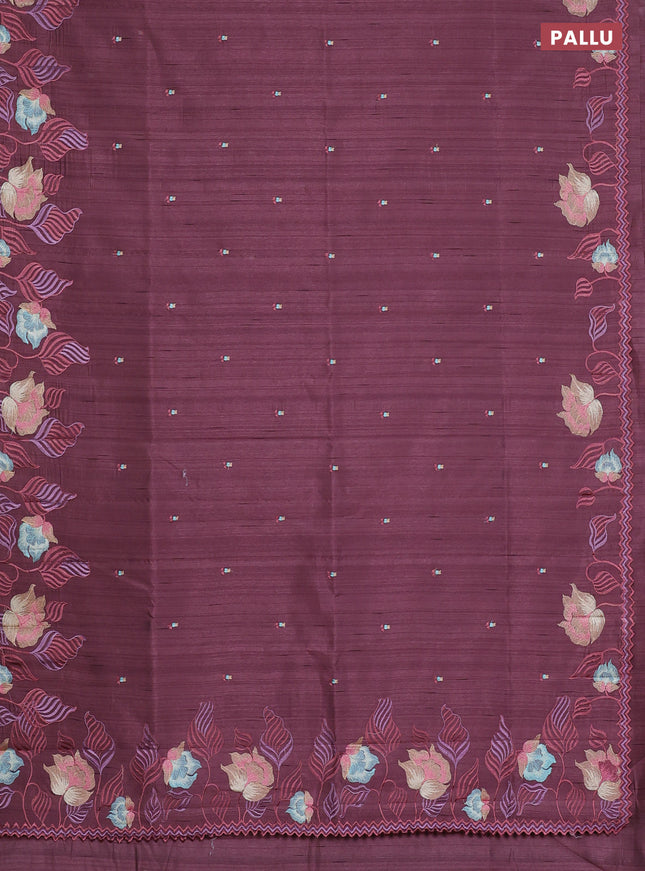 Semi raw silk saree rosy brown with embroidery work buttas and floral embroidery border