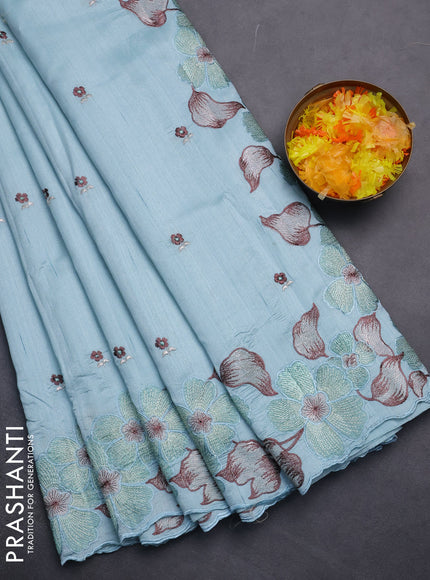 Semi raw silk saree pastel blue with embroidery work buttas and floral embroidery border
