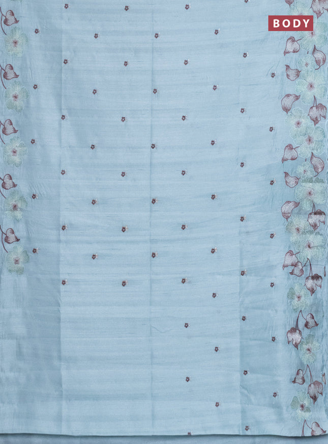 Semi raw silk saree pastel blue with embroidery work buttas and floral embroidery border