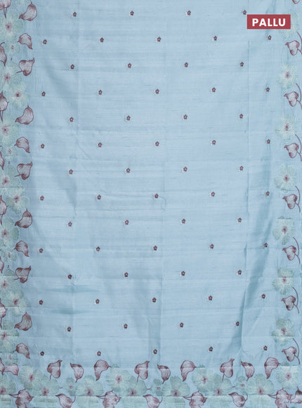 Semi raw silk saree pastel blue with embroidery work buttas and floral embroidery border