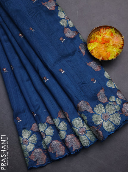 Semi raw silk saree peacock blue with embroidery work buttas and floral embroidery border