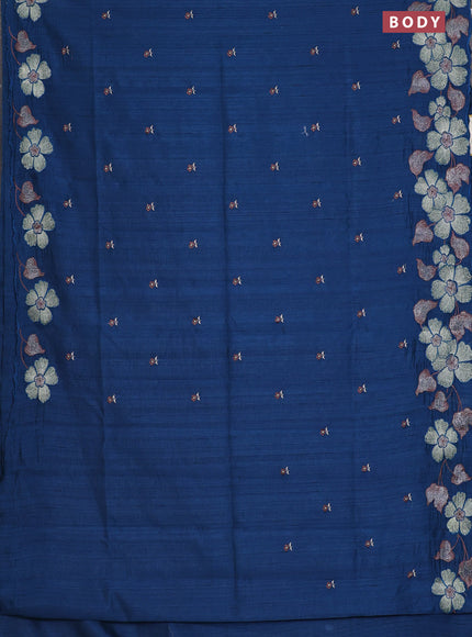 Semi raw silk saree peacock blue with embroidery work buttas and floral embroidery border