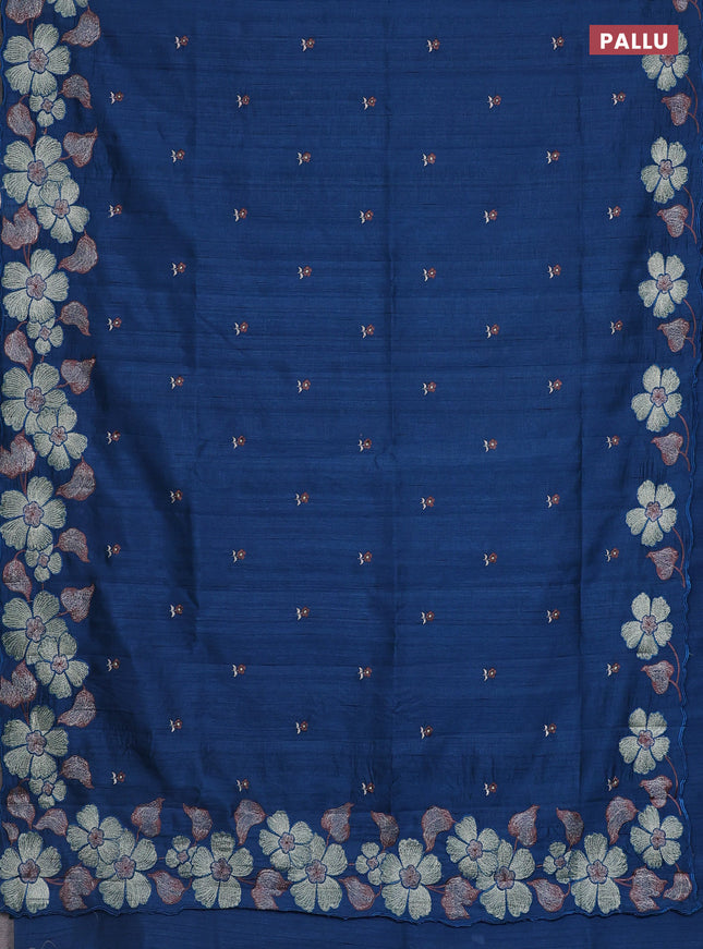 Semi raw silk saree peacock blue with embroidery work buttas and floral embroidery border