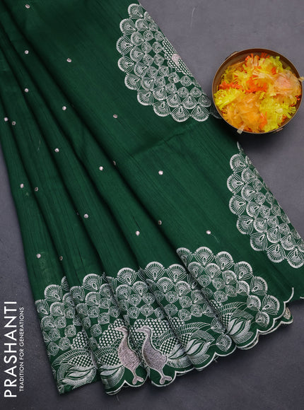 Semi raw silk saree dark green with embroidery work buttas and peacock embroidery border