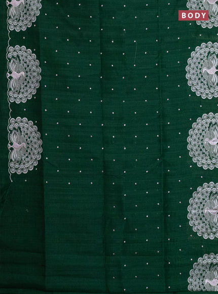 Semi raw silk saree dark green with embroidery work buttas and peacock embroidery border